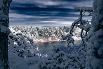 Mountain View Over Snowy Trees and Lake