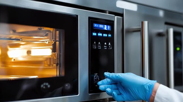 Closeup medium shot of skilled technician monitoring aging process in a controlled oven adjusting material strength and hardness through prolonged heat exposure.