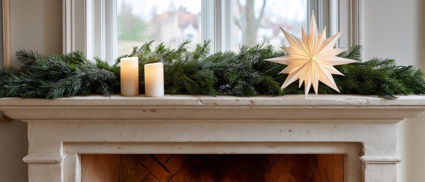A white fireplace mantle with a green garland, two candles and star decoration on top of it in front of a window