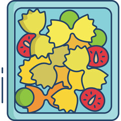 Colorful Farfalle Pasta Salad with Tomatoes and Peas in a Blue Container Simple Flat Design Illustration with Transparent Background