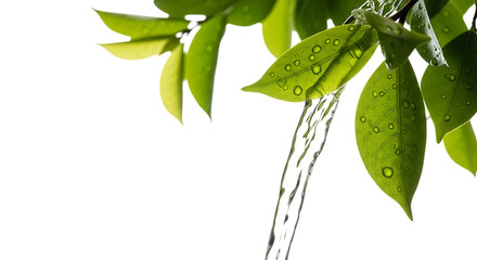 Bright green leaves, with water droplets and a stream of water flowing down, isolated on transparent background, PNG