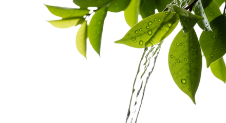 Bright green leaves, with water droplets and a stream of water flowing down, isolated on transparent background, PNG