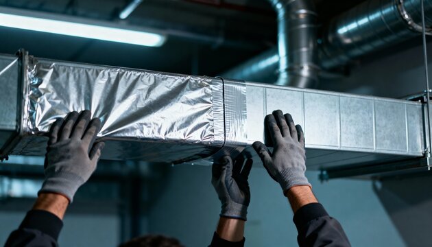 Closeup of hands smoothing metal tape on air duct surfaces for enhanced sealing and insulation in commercial building ventilation systems.