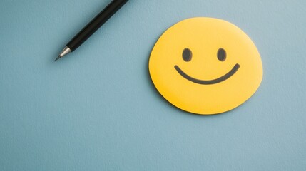 Smiley Face with Pencil on Blue Background, happiness ,planning