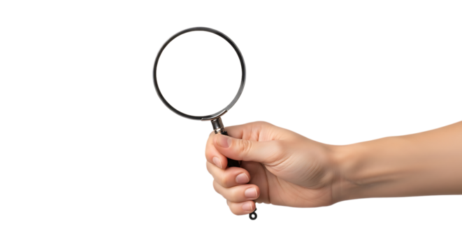Human hand, holding a magnifying glass with a blank white lens, isolated on transparent background, PNG