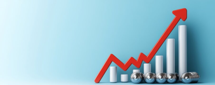 Strength and Growth Red Arrow, White Bars and Weights on Blue, Progress , Fitness