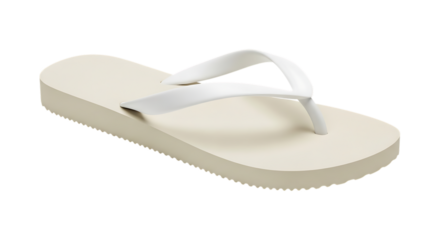 Single light beige flip flop, with white straps on a plain background, isolated on transparent background, PNG