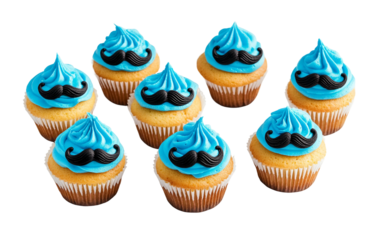 Collection of mustache-themed cupcakes with blue icing for celebration isolated on transparent background PNG