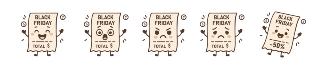 Animated Retail Receipts Expressing Varying Emotions on Black Friday Savings