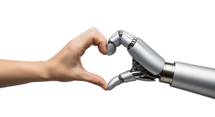 Human hand and robotic arm, forming a heart shape, isolated on transparent background, PNG