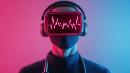 VR Doctor Neon ECG Display on Futuristic Headset, Health , Technology