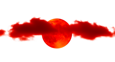 Fiery red moon, partially obscured by wispy red clouds, isolated on transparent background, PNG