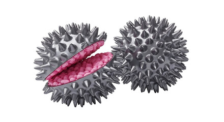 Two metallic spiky spheres, one open revealing pink granular filling, isolated on transparent background, PNG