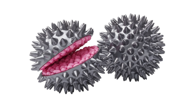 Two metallic spiky spheres, one open revealing pink granular filling, isolated on transparent background, PNG