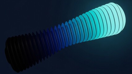 Abstract 3D render of a glowing blue and green segmented cylinder in a dark environment, creating a futuristic and dynamic visual effect.