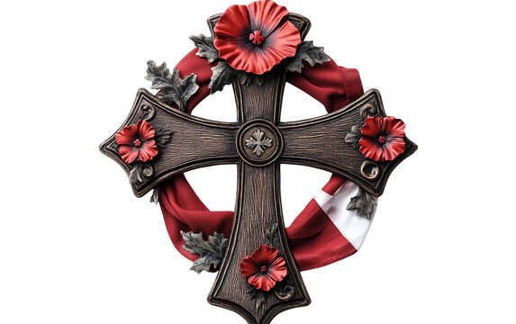 Cross with red poppy wreath draped by the Canadian flag for remembrance isolated on transparent background PNG
