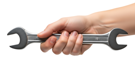 Hand, holding a silver combination wrench tool, isolated on transparent background, PNG