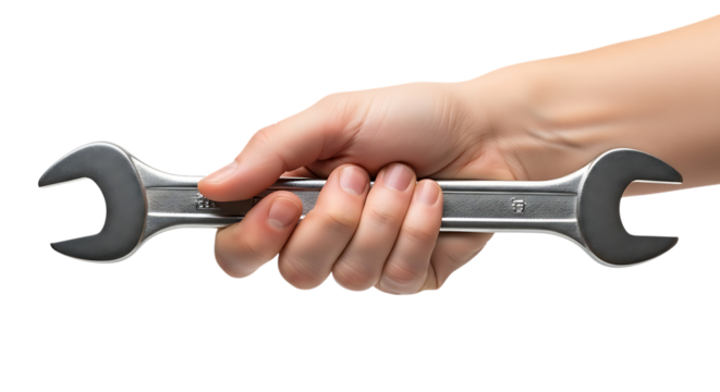 Hand, holding a silver combination wrench tool, isolated on transparent background, PNG