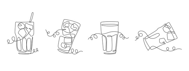 Set of cola glasses in one continuous line vector drawing. Editable stroke.
