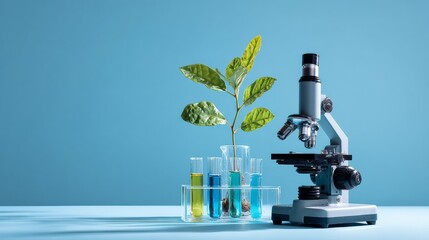 Microscope and Plant Experimentation Set Against a Blue Background Showcasing Scientific Exploration and Biological Study