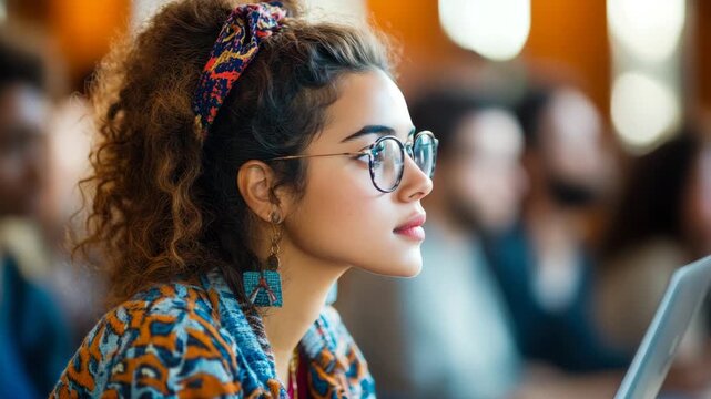 Attentive young woman with spectacles and vibrant headband, listening intently in educational environment