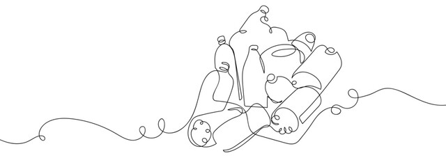 Pile of plastic bottles in one continuous line vector drawing. Editable stroke.