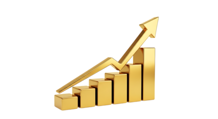 Golden bar chart, with upward trending arrow showing financial growth, isolated on transparent background, PNG