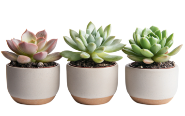 Set of three small succulent plants arranged in minimalist pots for modern indoor decor and natural home styling isolated on transparent background PNG