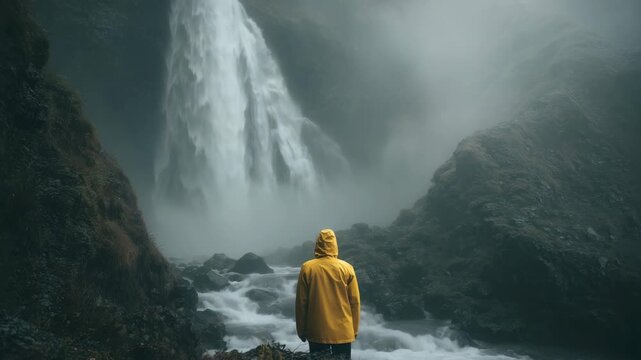 Person in yellow raincoat standing before powerful waterfall in misty rocky landscape dramatic nature scene with flow energy adventure and solitude