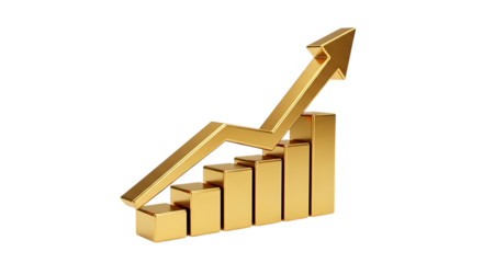 Golden 3 D Bar Chart, with Upward Trending Arrow, isolated on transparent background, PNG
