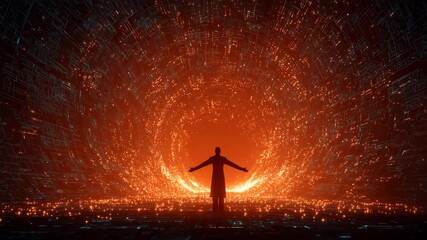 Silhouette of a man raising arms inside glowing digital tunnel bright futuristic energy vortex technology concep - Powered by Adobe