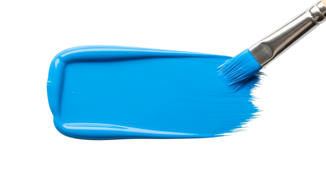 Bright blue paint stroke, being applied by a paintbrush with a silver ferrule and wooden handle, isolated on transparent background, PNG