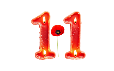 Candles shaped in number 11 with poppy between triangles for Remembrance Day and patriotic commemorations isolated on transparent background PNG