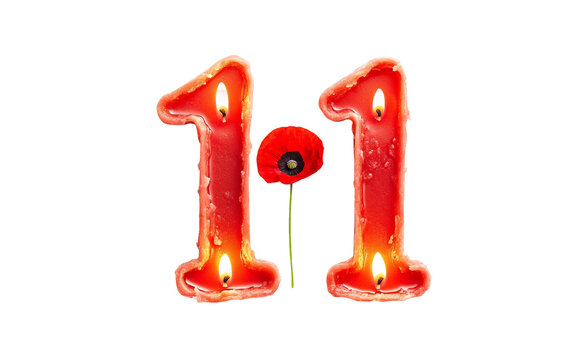 Candles shaped in number 11 with poppy between triangles for Remembrance Day and patriotic commemorations isolated on transparent background PNG