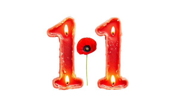 Candles shaped in number 11 with poppy between triangles for Remembrance Day and patriotic commemorations isolated on transparent background PNG