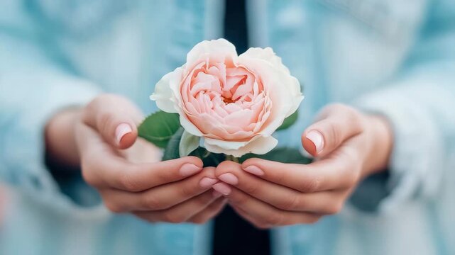 Tender moment with graceful hands cradling beautiful pale pink rose against soft blue backdrop