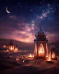 A beautiful Ramadan lit lantern with burning candles in the desert and night sky with stars on the blurred background
