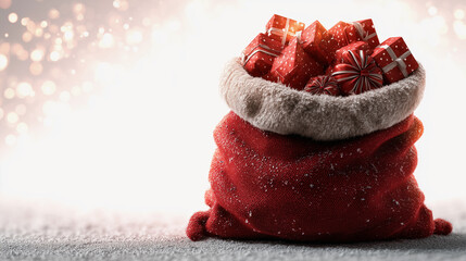 A red opened Christmas sack with a lot of gifts and wrapped presents inside and a glowy magic light on the blurred background with bokeh effect