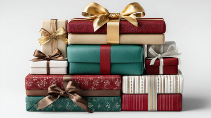 Obraz premium A stack of festive Christmas gifts of varying sizes and shapes beautifully wrapped in traditional Christmas wrapping papers with a delicate ribbon