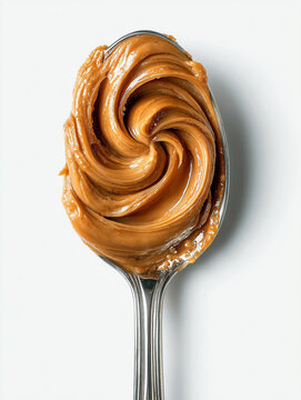 A spoon of fresh smooth delicious peanut butter isolated on white for Peanut butter day 