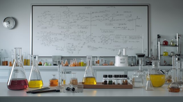 A Well-Organized Chemical Laboratory Featuring Various Glassware Filled with Colorful Liquids and Scientific Notations on the Blackboard
