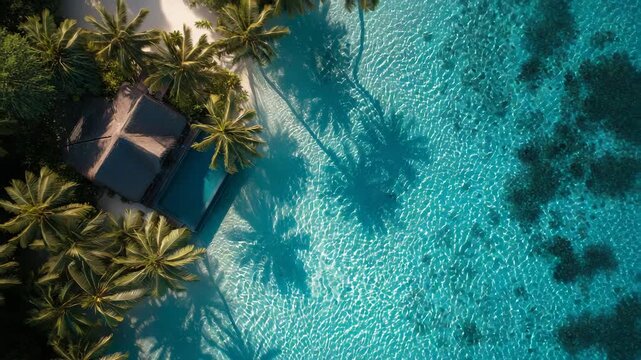 Top view of tropical villa with palm trees and clear turquoise lagoon luxury island resort vacation concept