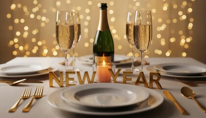 Elegant New Year’s table arrangement with champagne glasses prepared for a joyful midnight celebration