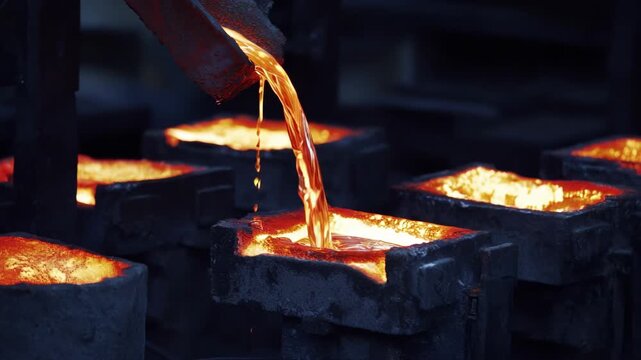 Medium shot capturing molten zirconium pouring into casting molds illustrating advanced metalworking methods for enhanced material properties.