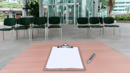 Clipboard with blank paper and a pen on a wooden table. Empty chairs in a waiting area for an event, seminar, or job interview. Registration concept with copy space