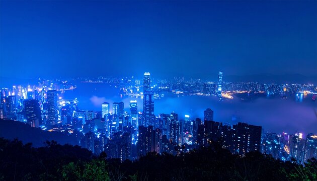 Blurry City Nightscape from Above with Emphasized Lights in Winter