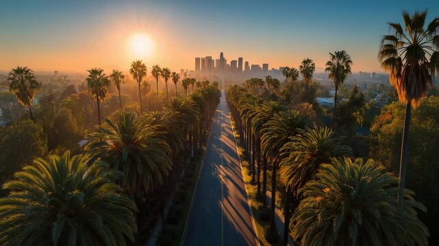 sunny palm tree boulevard in los angeles aerial cityscape view sunrise light silhouettes skyline california travel usa