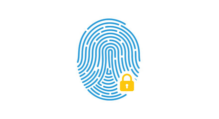 A blue fingerprint graphic with a small yellow padlock inside representing security
