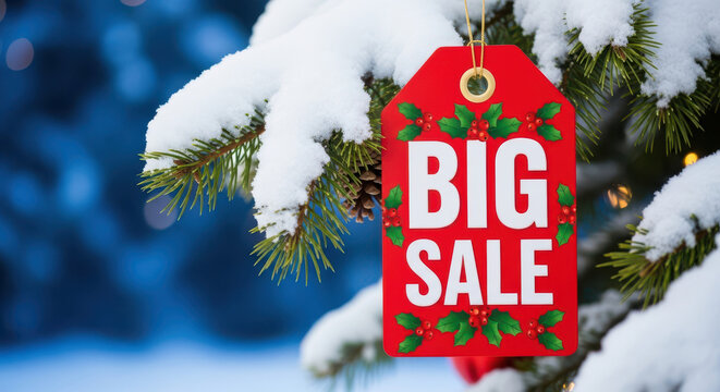 Don't Miss Our Huge Holiday Deals! Bright red sale tag hanging from snowy evergreen branch, perfect for advertising your winter promotions and seasonal sales events - Powered by Adobe