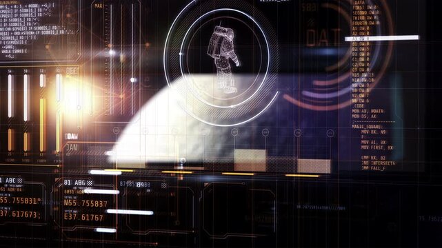 Futuristic space exploration control panel monitoring astronaut in spacesuit